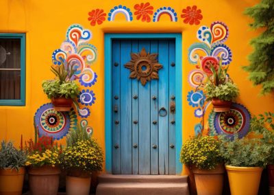 blue door surrounded by orange walls and painted decorations